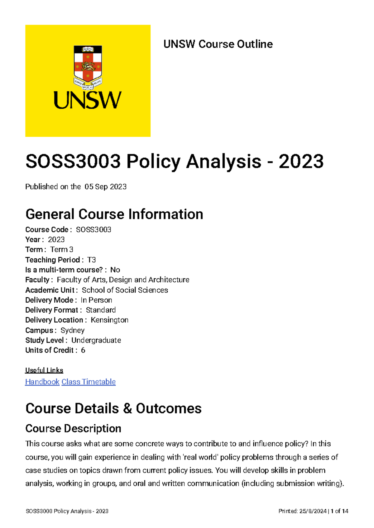 SOSS3003 Policy Analysis Course Outline - Term 3, 2023 (Kensington ...