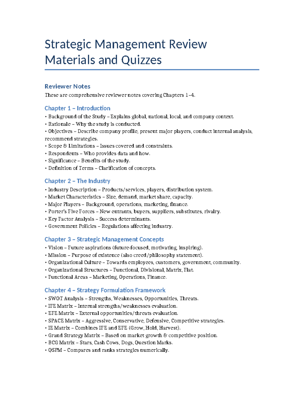 Strategic Management (SM 101) Review Notes & Quiz Prep - Studocu