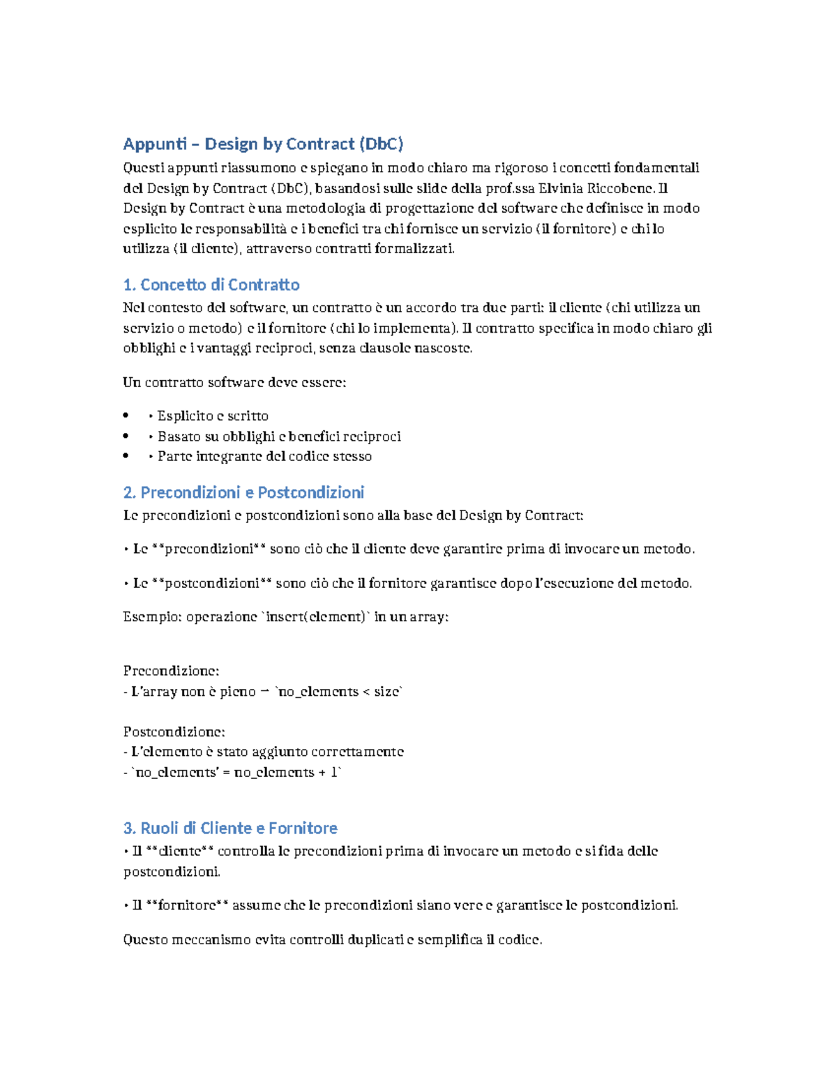 Appunti Design by Contract (DbC) - Concetti Fondamentali e Esempi - Studocu