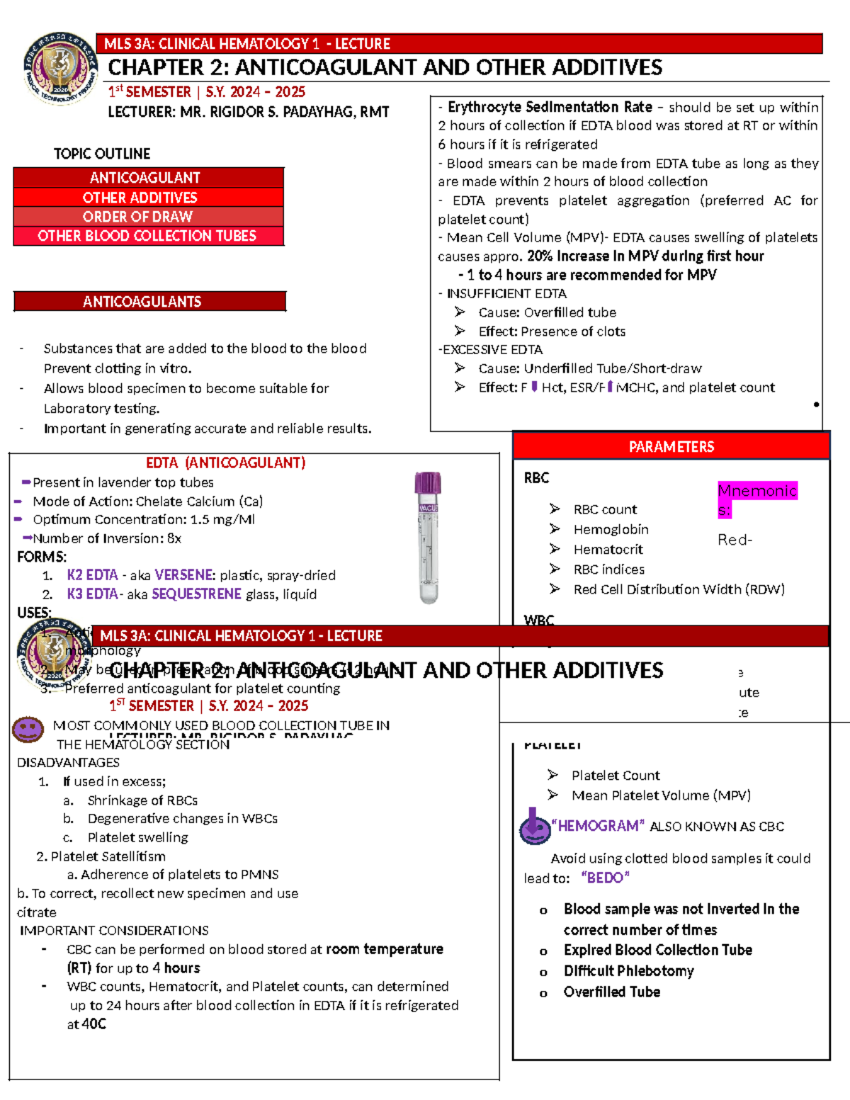 MLS 3A: Clinical Hematology 1 - Lecture Notes on Anticoagulants - Studocu