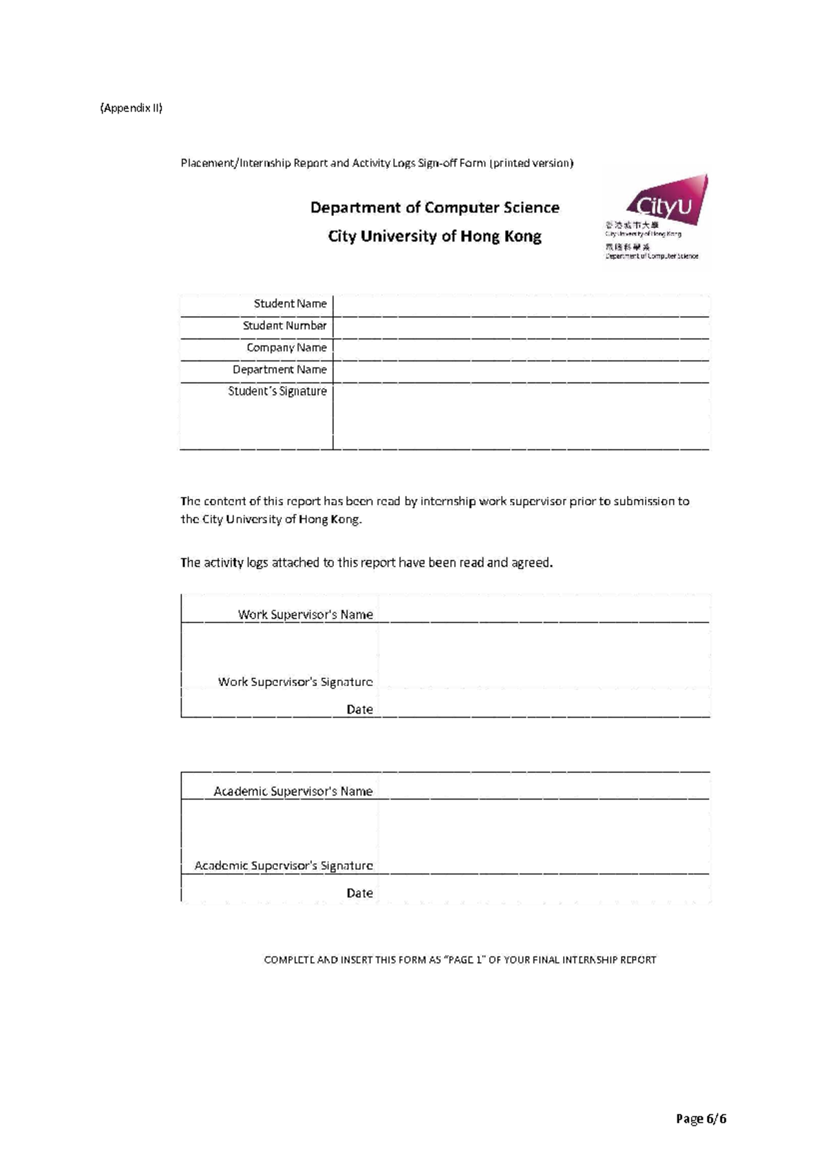 Appendix II: Internship Report & Activity Logs Form (CS 25-26-6) - Studocu