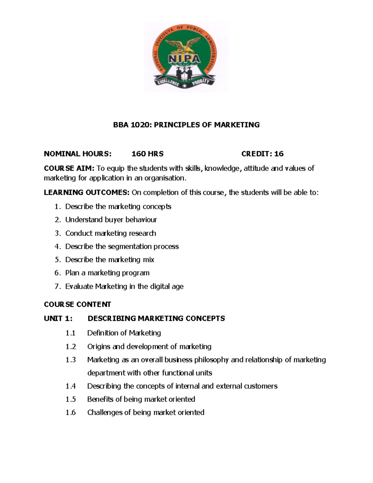 BBA 1020 - Marketing Principles Unit Outline & Learning Outcomes - Studocu