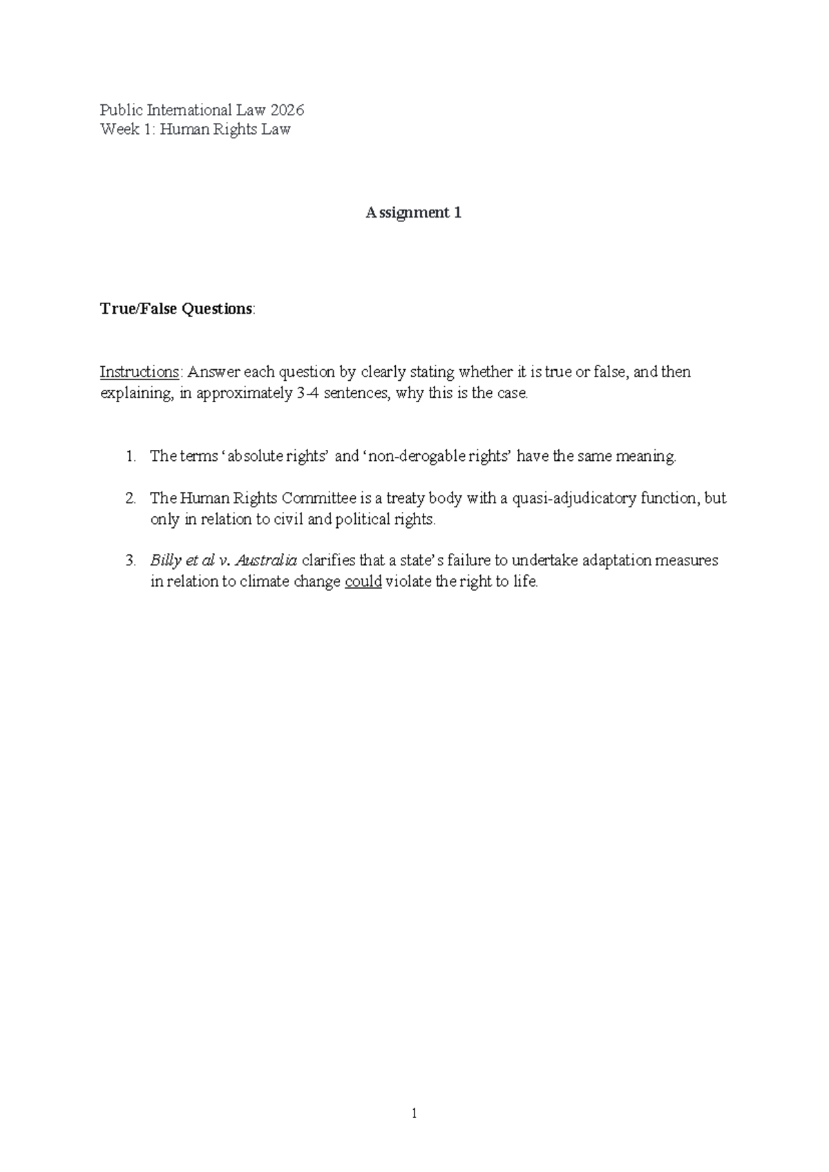 Public International Law 2026: Week 1 Human Rights Assignment Questions ...