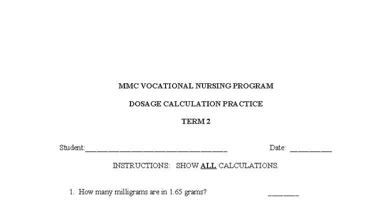 V N201 L Dosage Calculation Practice - Term 2 Exercises - Studocu