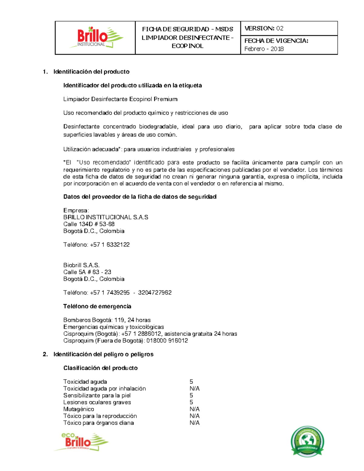 FDS - Limpiador Desinfectante Ecopinol Premium - Febrero 2018 - Document Preview