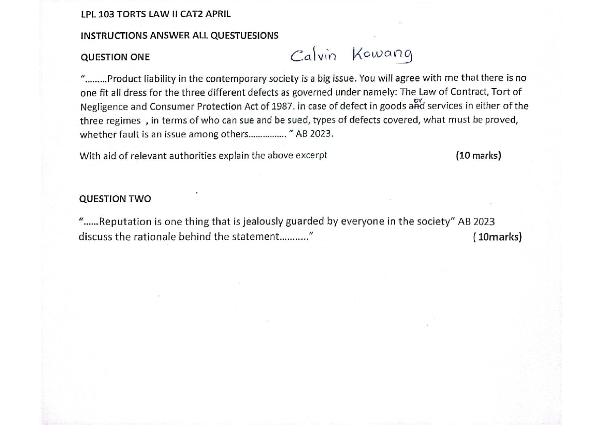 LPL 103: Torts Law II CAT2 April Exam - Answer All Questions - Studocu