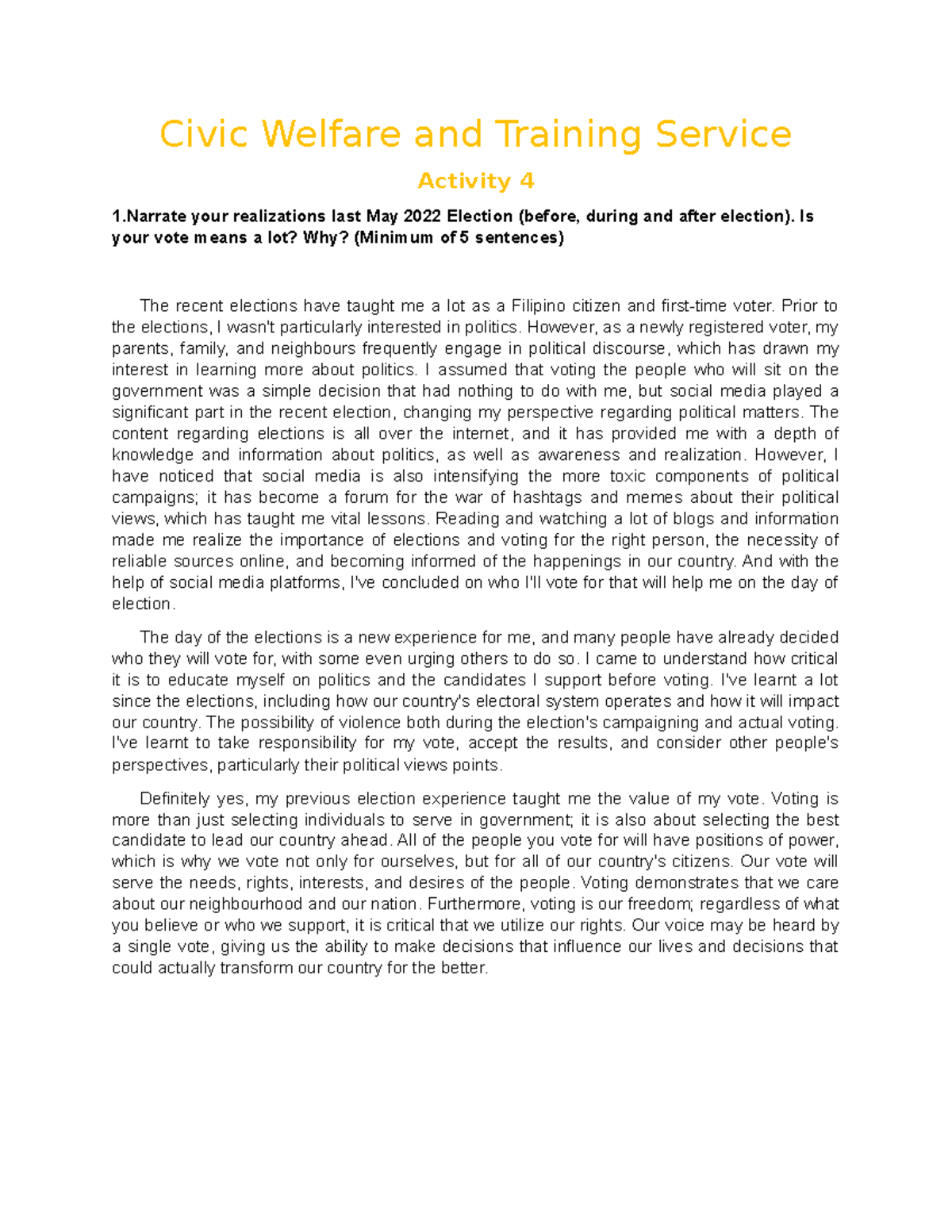 Activity 4 Reflection: Insights from the 2022 Election - CWTS - Studocu