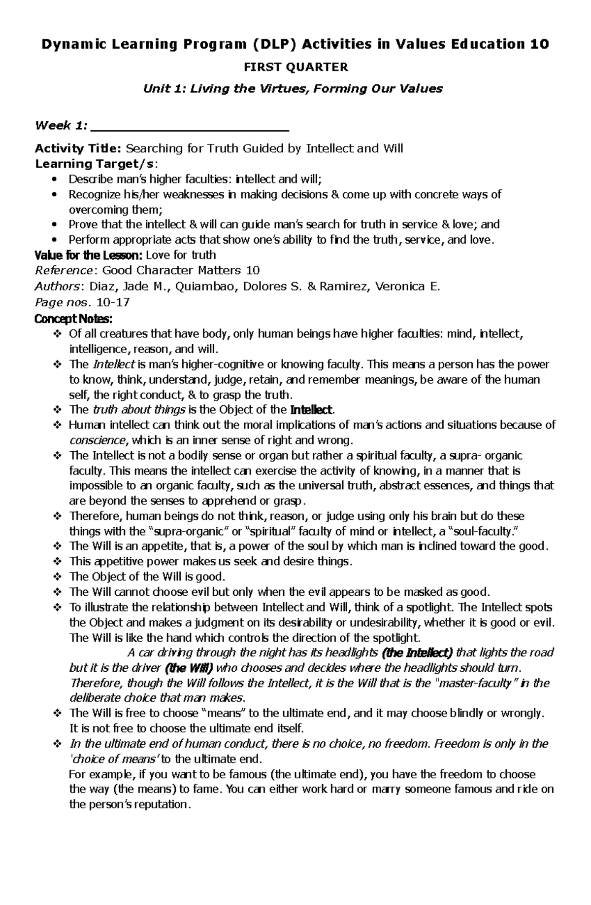Values Education 10 DLP Activities for SY 2020-2021 - Studocu