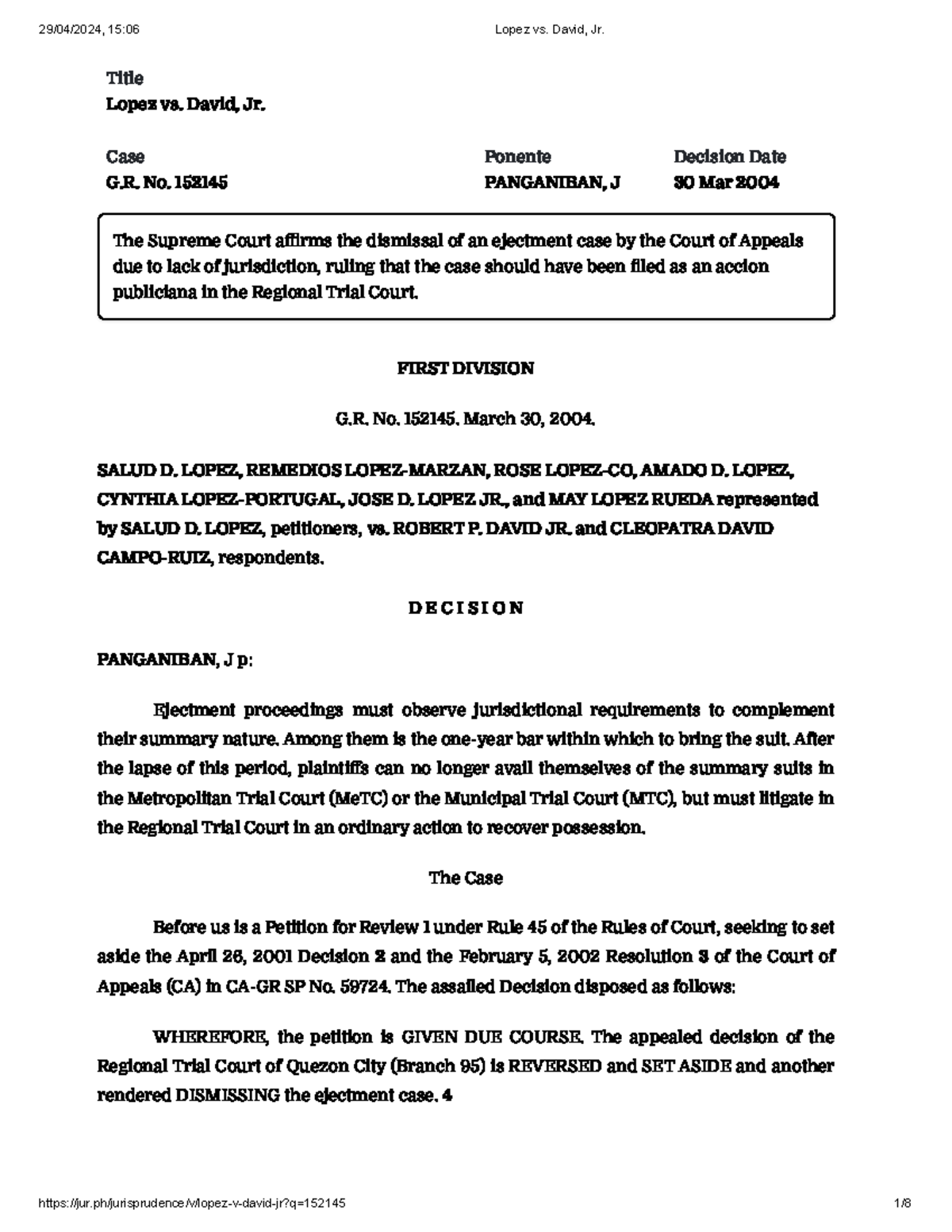 Lopez vs. David, Jr - CASE DIGEST - Title Lopez vs. David, Jr. Case G ...