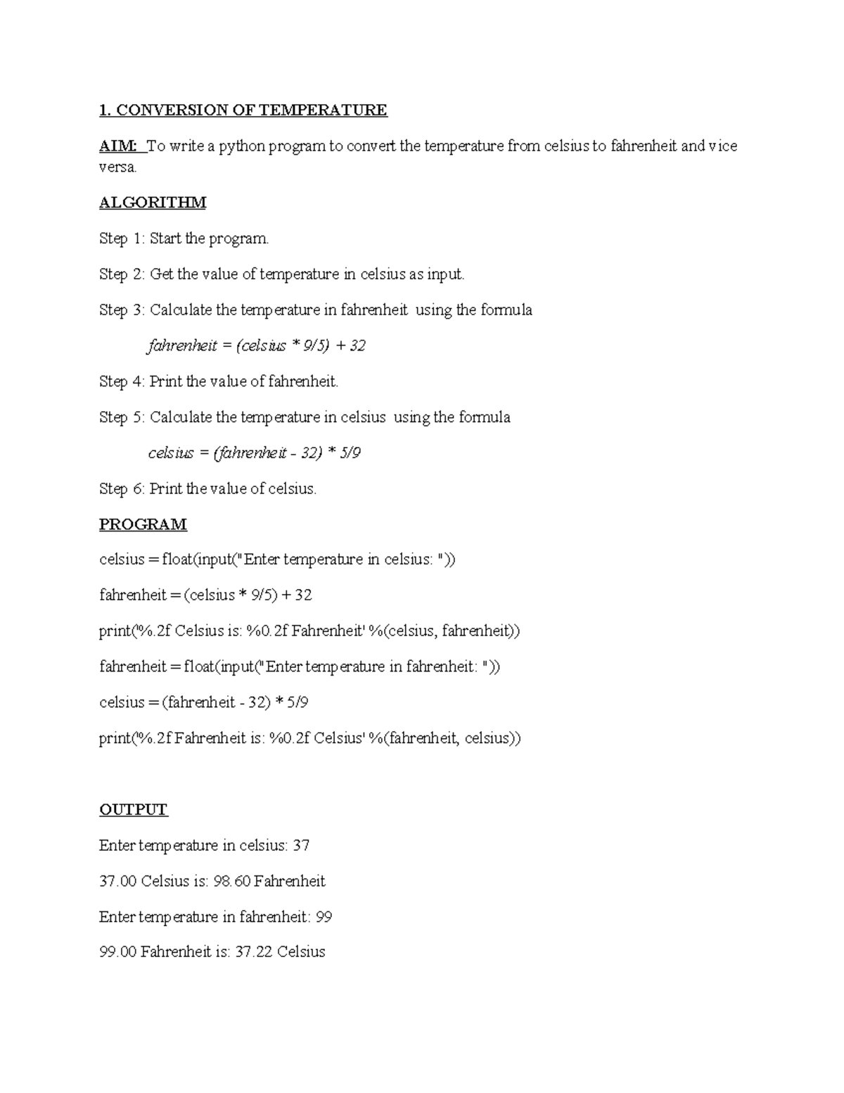 Python Lab - Notes - 1. CONVERSION OF TEMPERATURE AIM: To write a ...