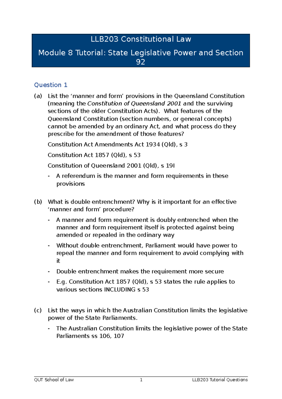 LLB203 Constitutional Law Module 8 Tutorial: State Legislative Power ...