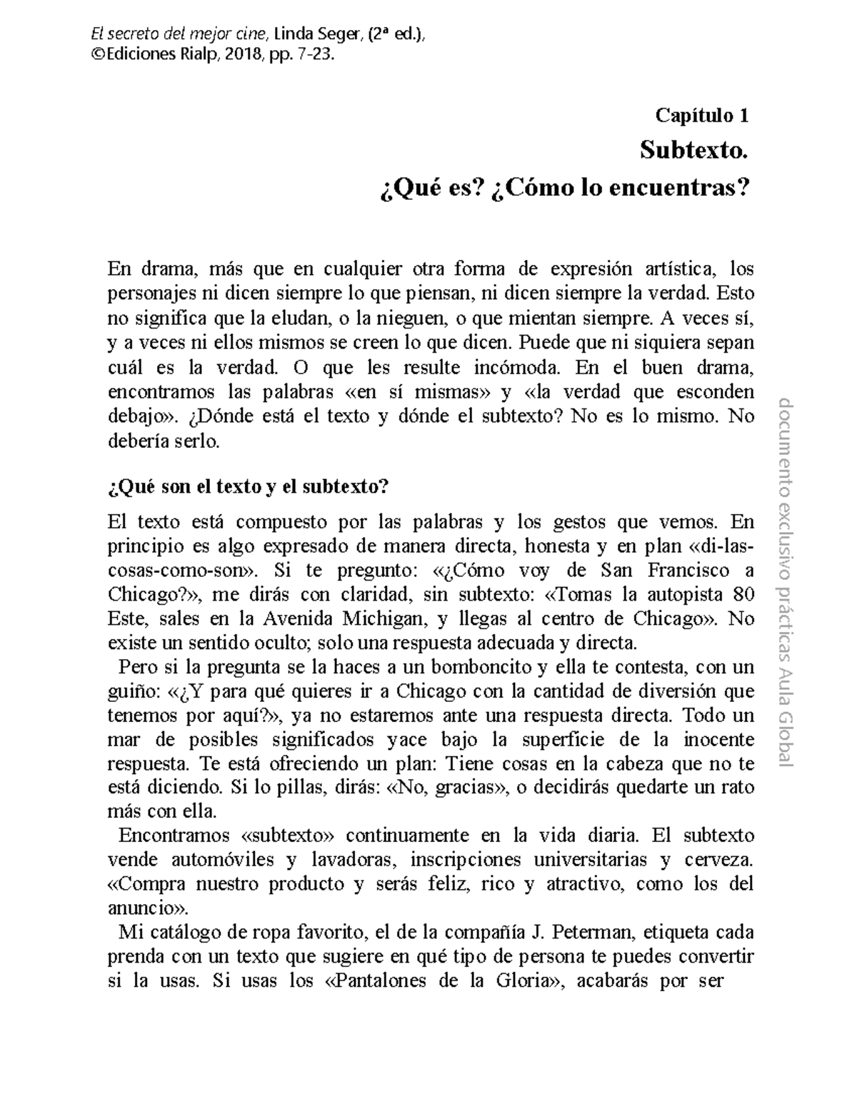 El subtexto en el cine: Análisis del Capítulo 1 de Linda Seger - Studocu