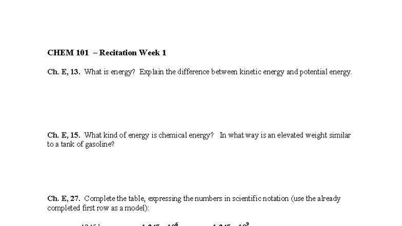 CHEM 101 Recitation Week 1: Energy Concepts & Scientific Notation - Studocu