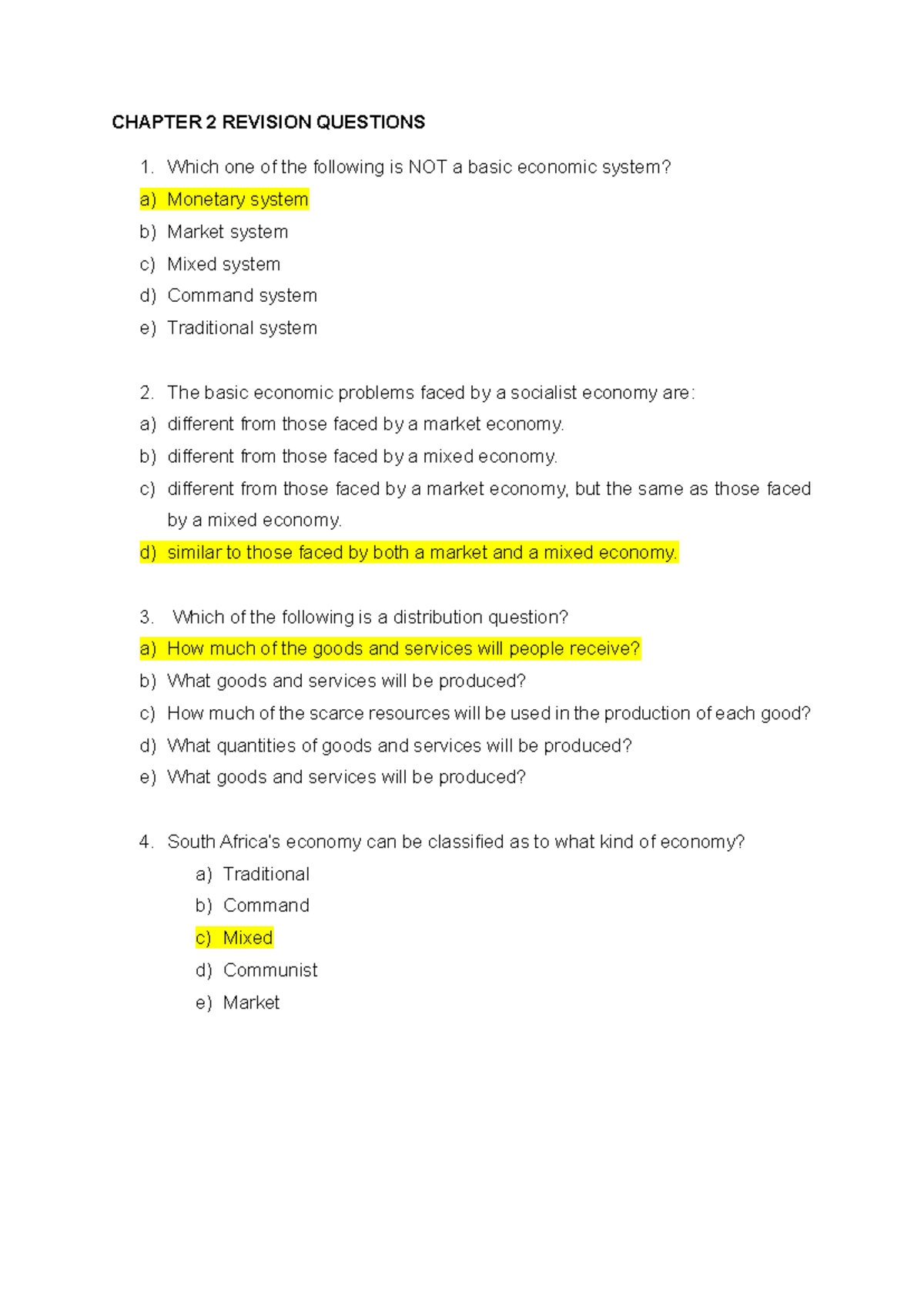CHAPTER 2 MCQ REVISION QUESTIONS - ECONOMIC SYSTEMS - Studocu