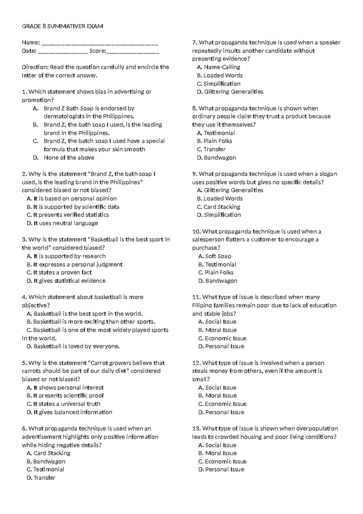 G8 Summative Exam: Understanding Bias and Propaganda Techniques - Studocu