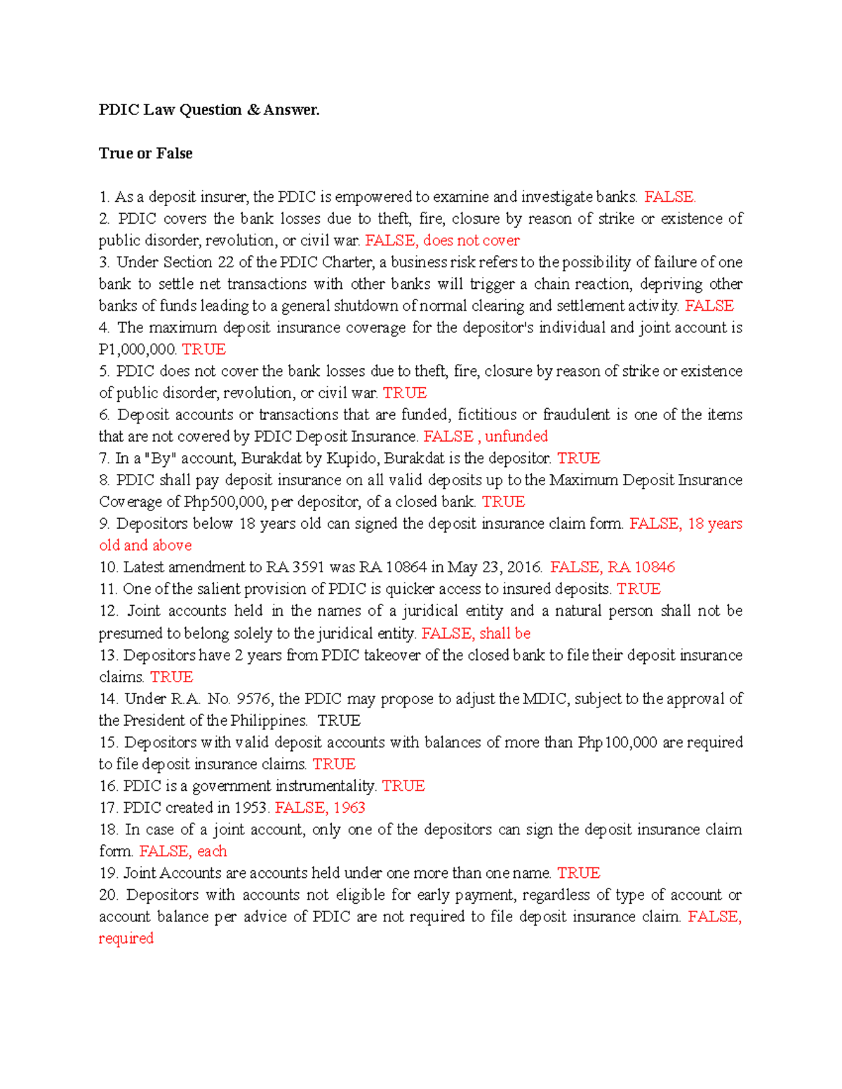 PDIC-Law-Answer-Key: True/False & MCQs Explanation - Studocu
