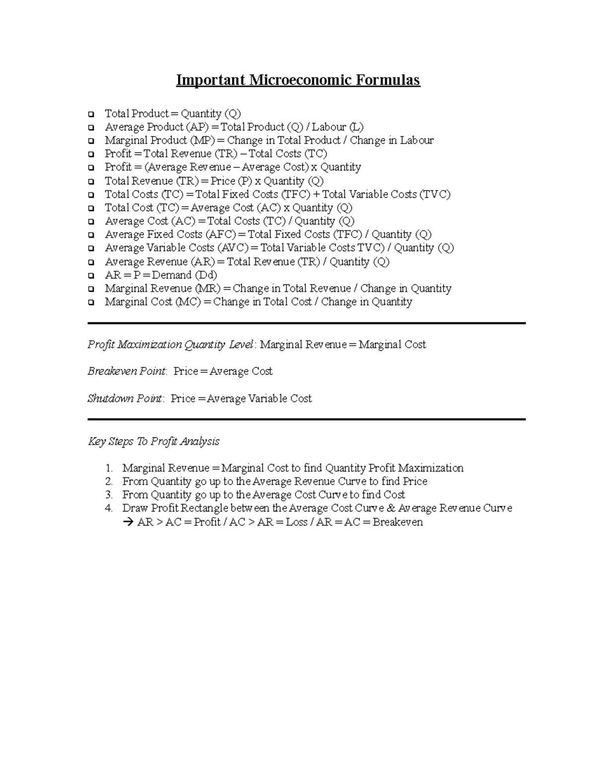 Microeconomic Formulas for Profit Analysis and Optimization - Studocu