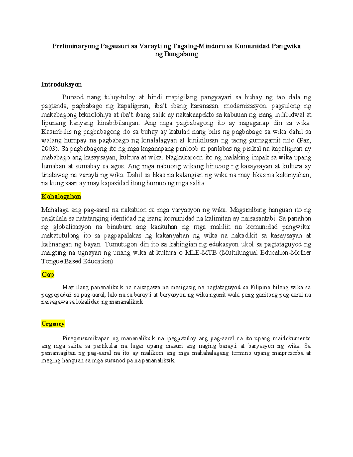 Filipino 111-Preliminary Study on Varieties of Tagalog-Mindoro - Studocu
