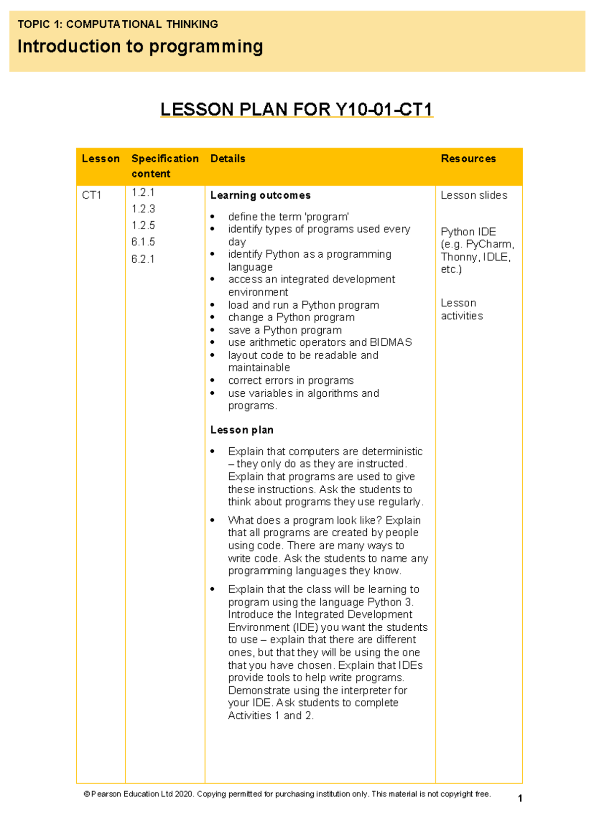 Y10-01-CT1 Lesson Plan - TOPIC 1: COMPUTATIONAL THINKING Introduction ...