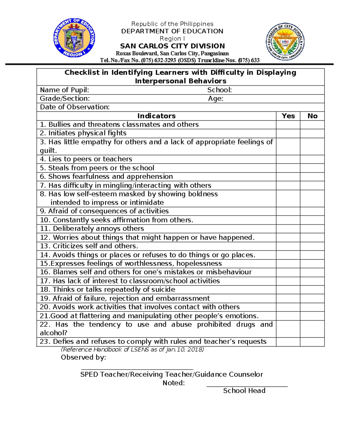 SPED Checklist for Identifying Interpersonal Behavior Issues - Studocu