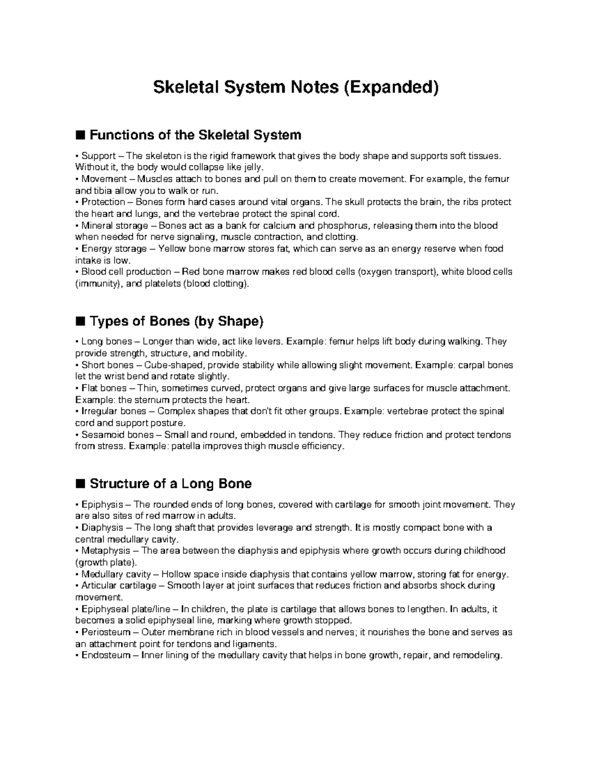 Skeletal System Notes (BIO101) - Functions, Structure, and Growth - Studocu