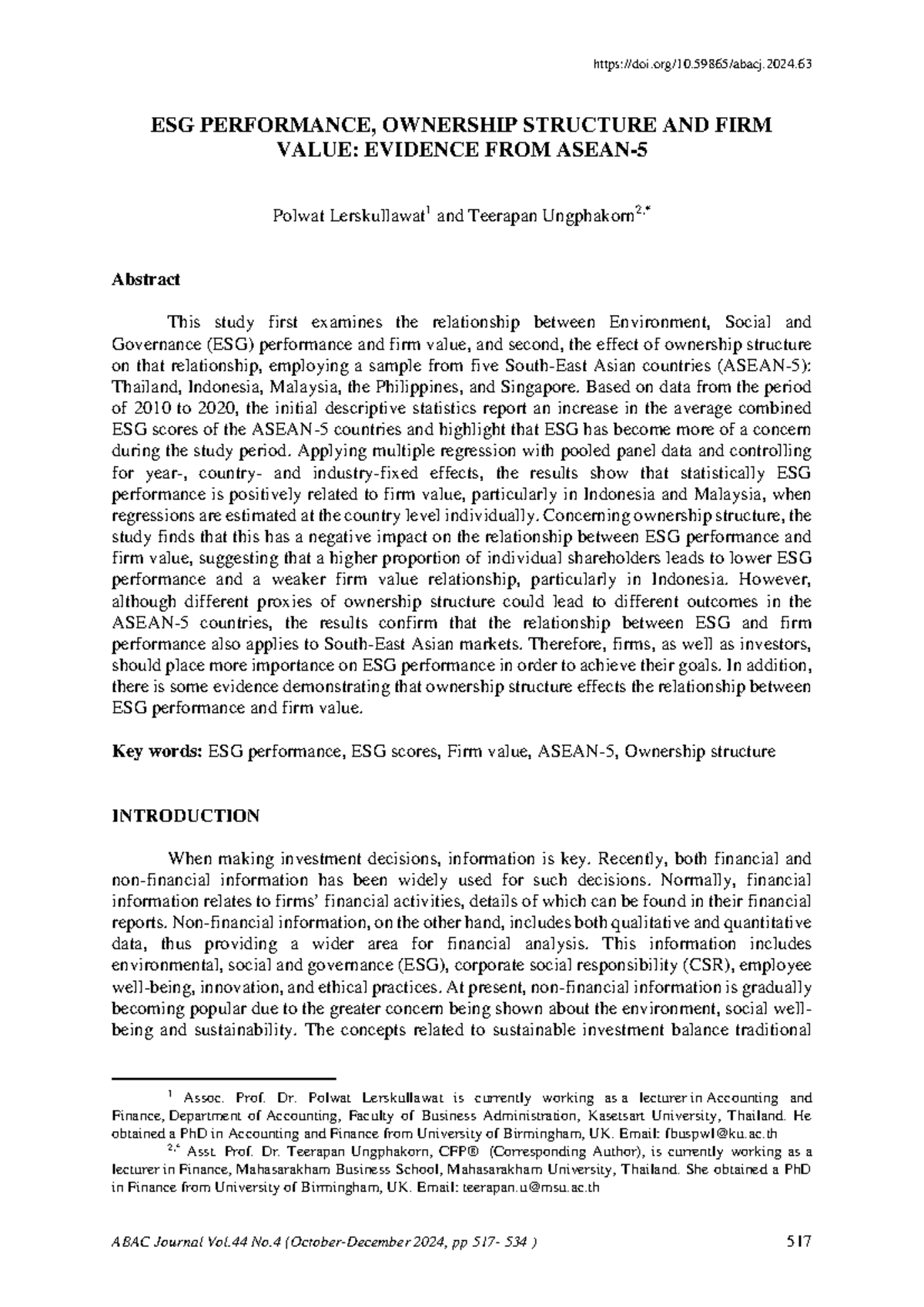 ESG Performance, Ownership Structure & Firm Value: Evidence from ASEAN5 ...