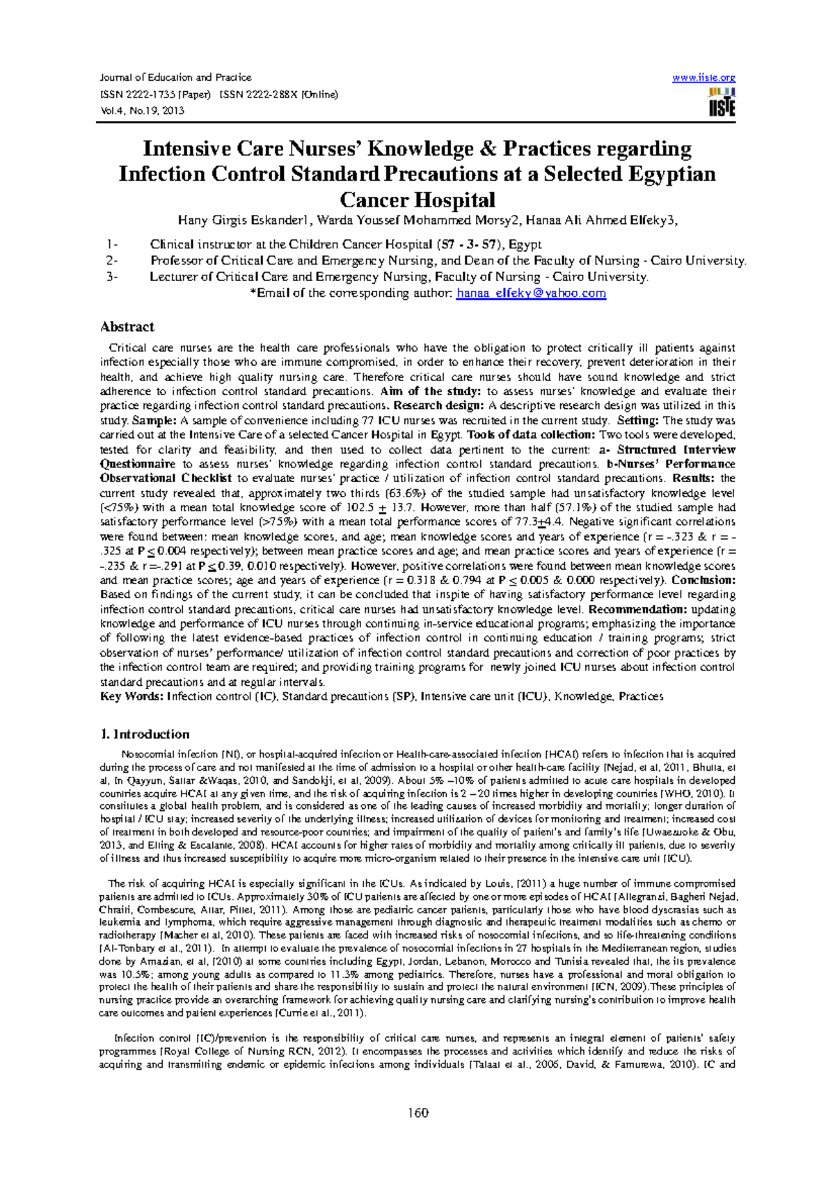 Assessment of ICU Nurses' Knowledge and Practices on Infection Control ...