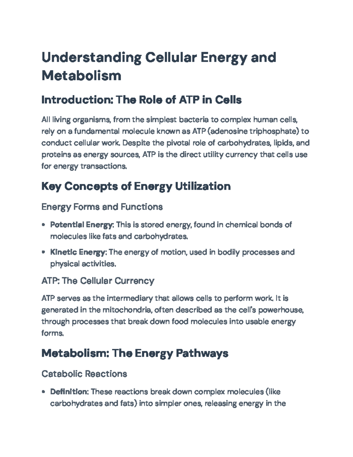 Understanding ATP and Cellular Metabolism: Key Concepts in ...