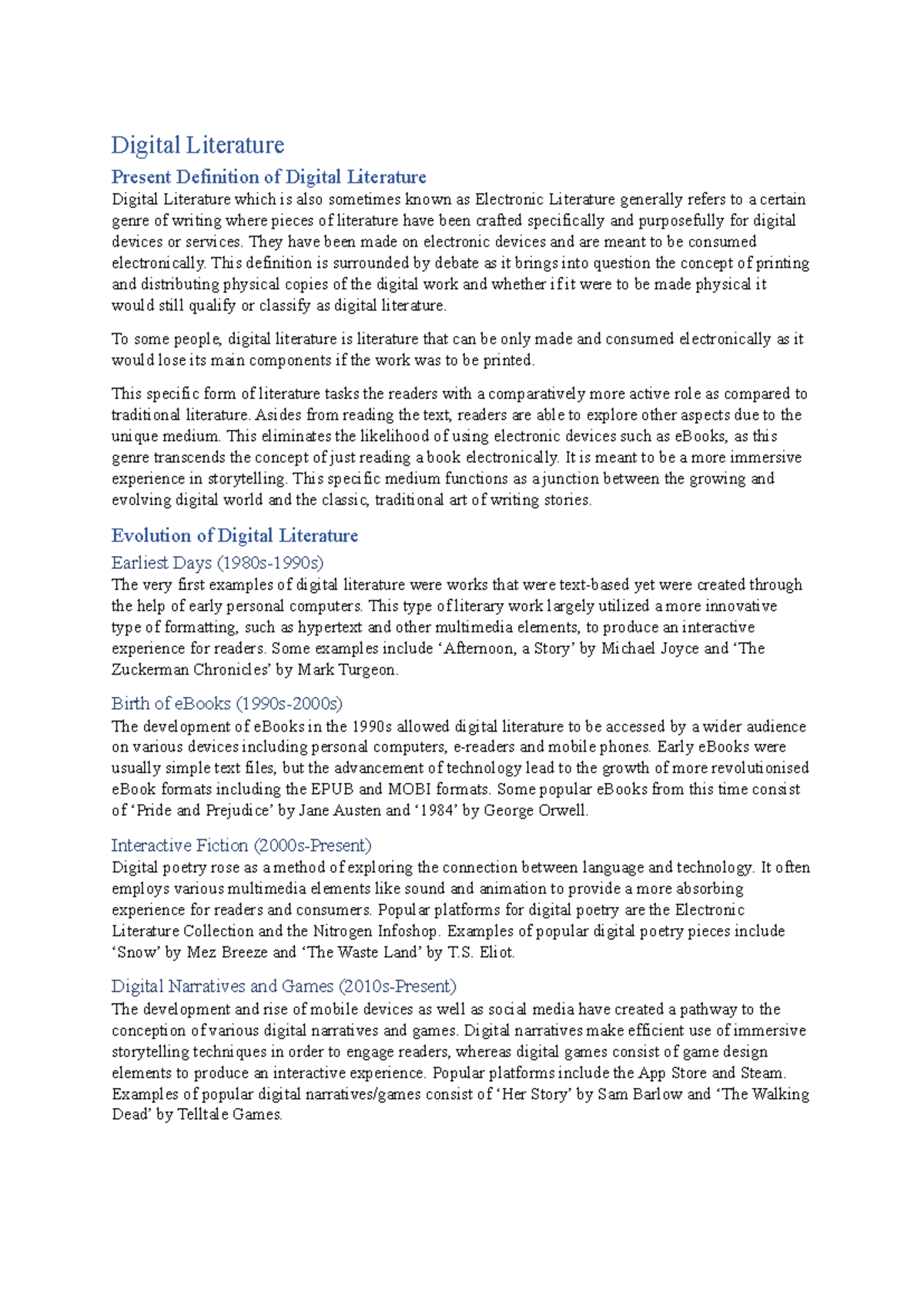 Digital Literature - writing exercise - Digital Literature Present ...