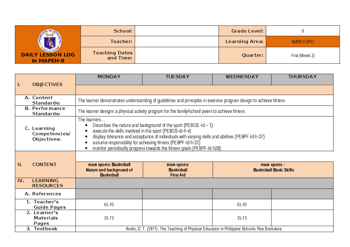 Q1 DLL PE8 WEEK2 - n/a - DAILY LESSON LOG In MAPEH- School: Grade Level ...