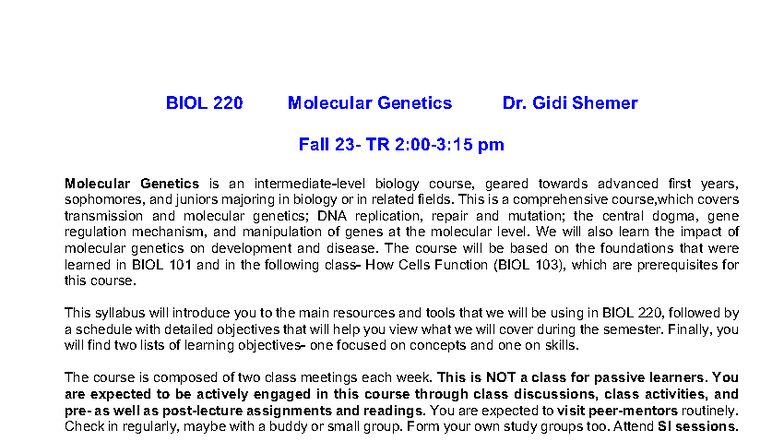BIOL 220 Molecular Genetics Syllabus - Fall 2023 - Studocu