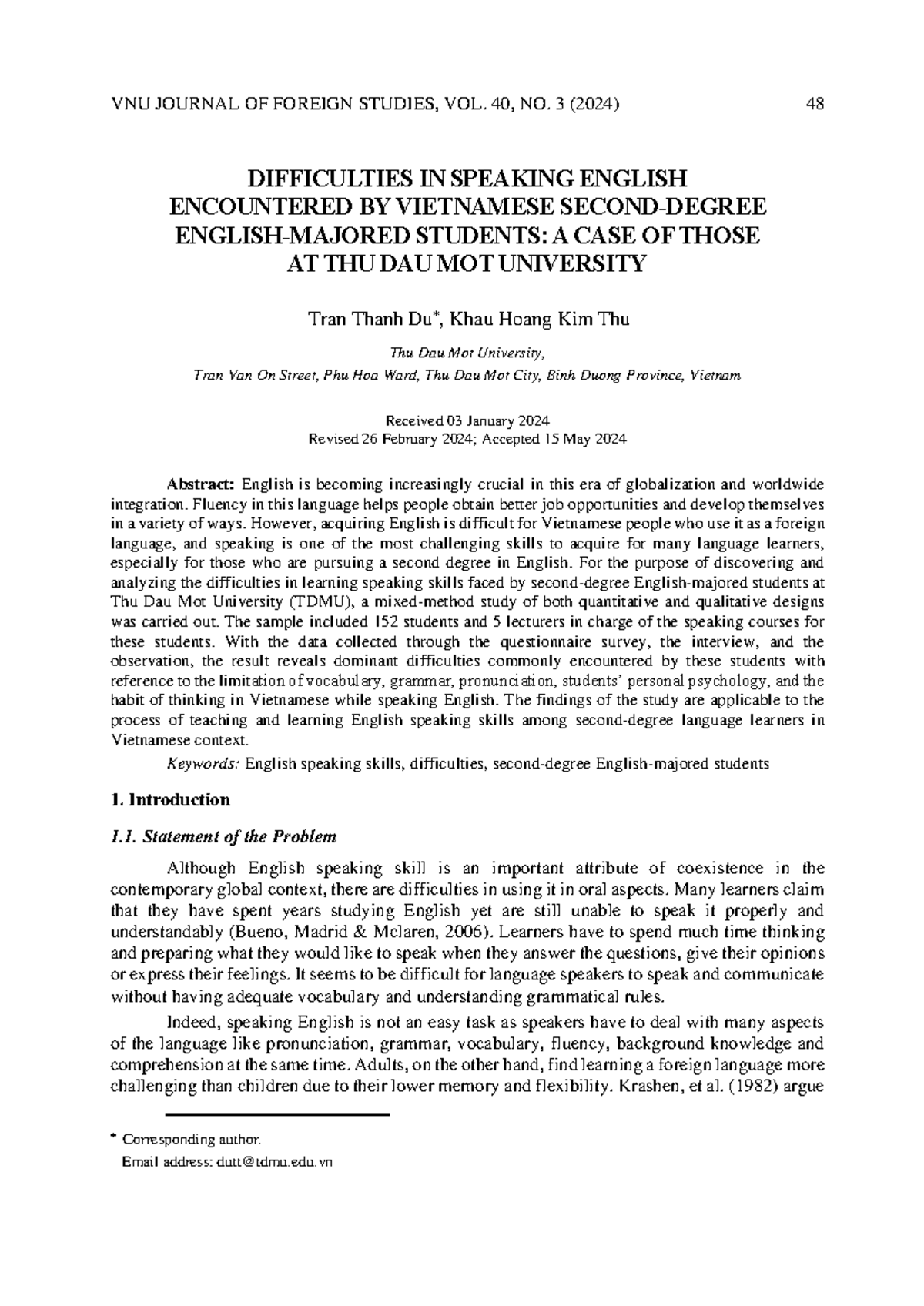 Difficulties in English Speaking Skills of TDMU Students: A Case Study ...