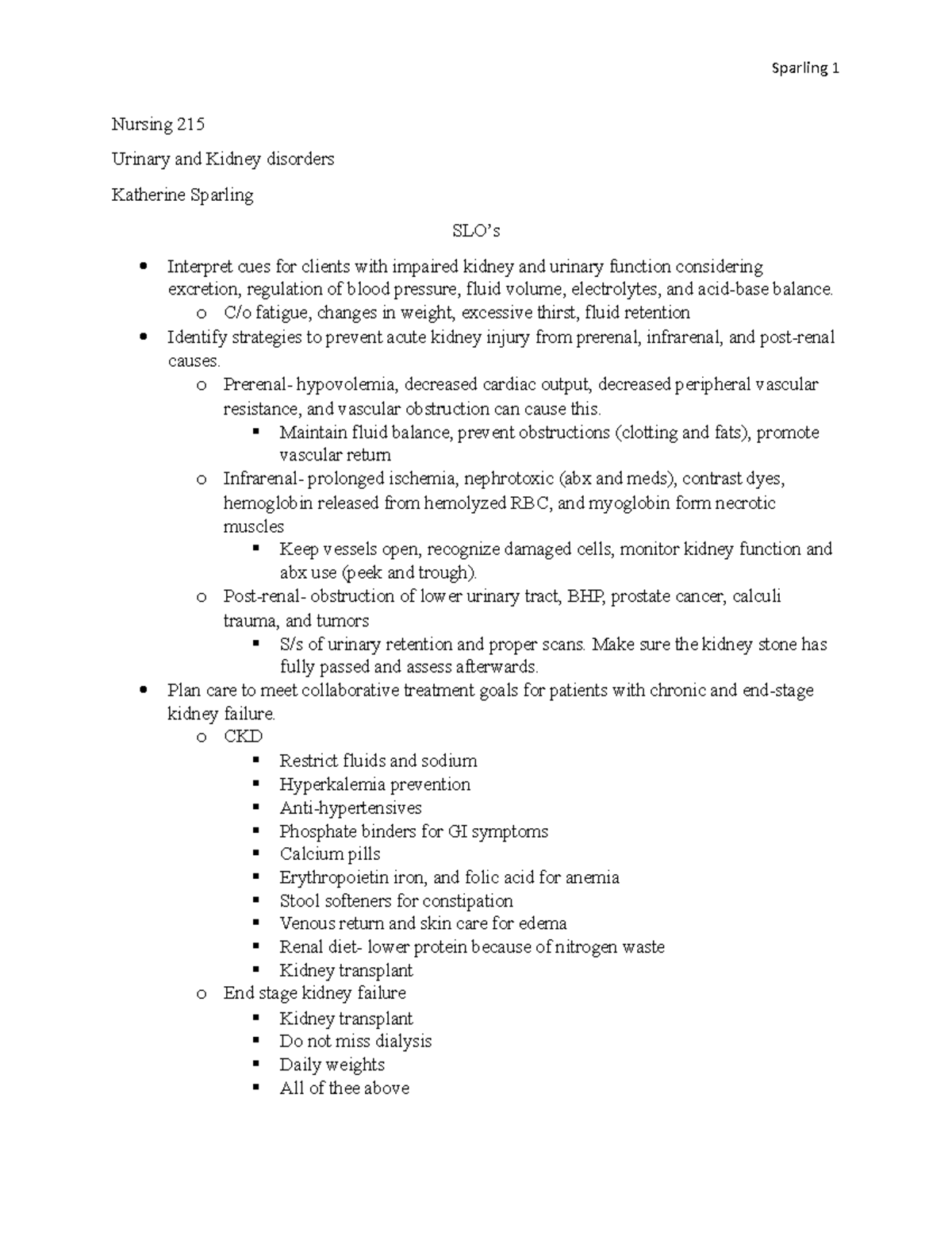N215 Lecture Notes on Kidney and Renal Function Disorders - Studocu