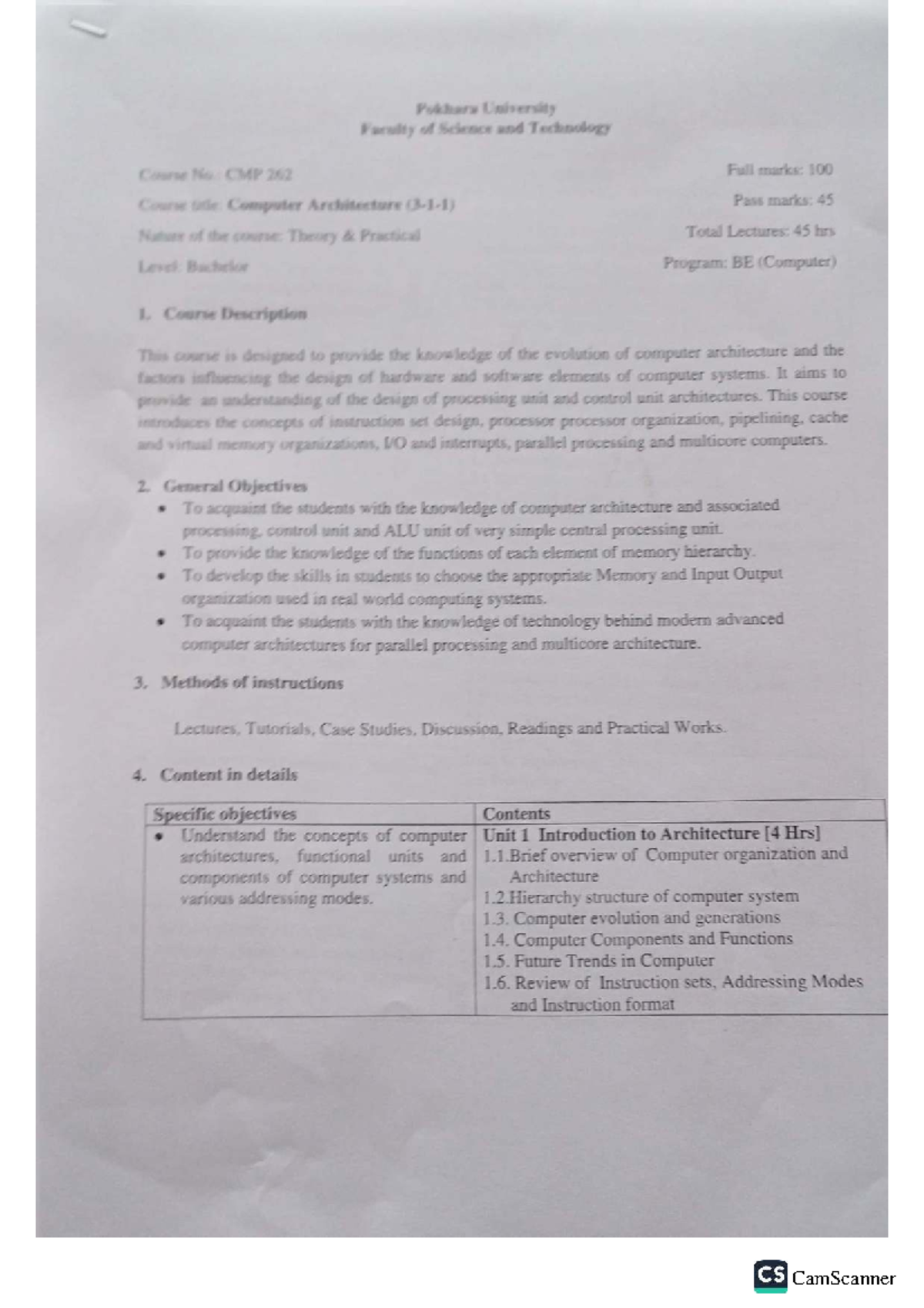 CMP 262 Computer Architecture Course Syllabus Overview - Studocu