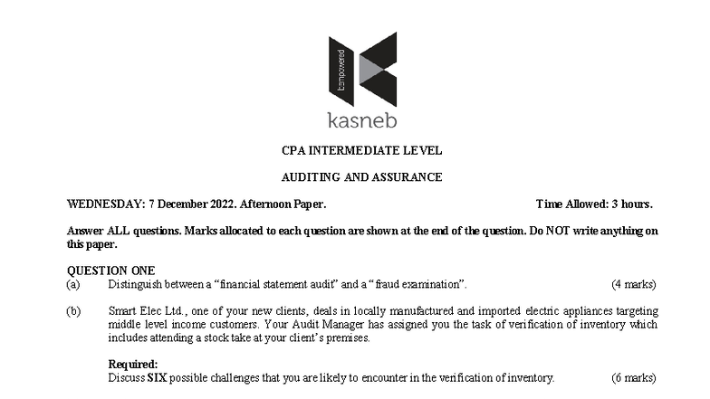 CA24 Intermediate Auditing & Assurance Exam - 7 Dec 2022 - Studocu