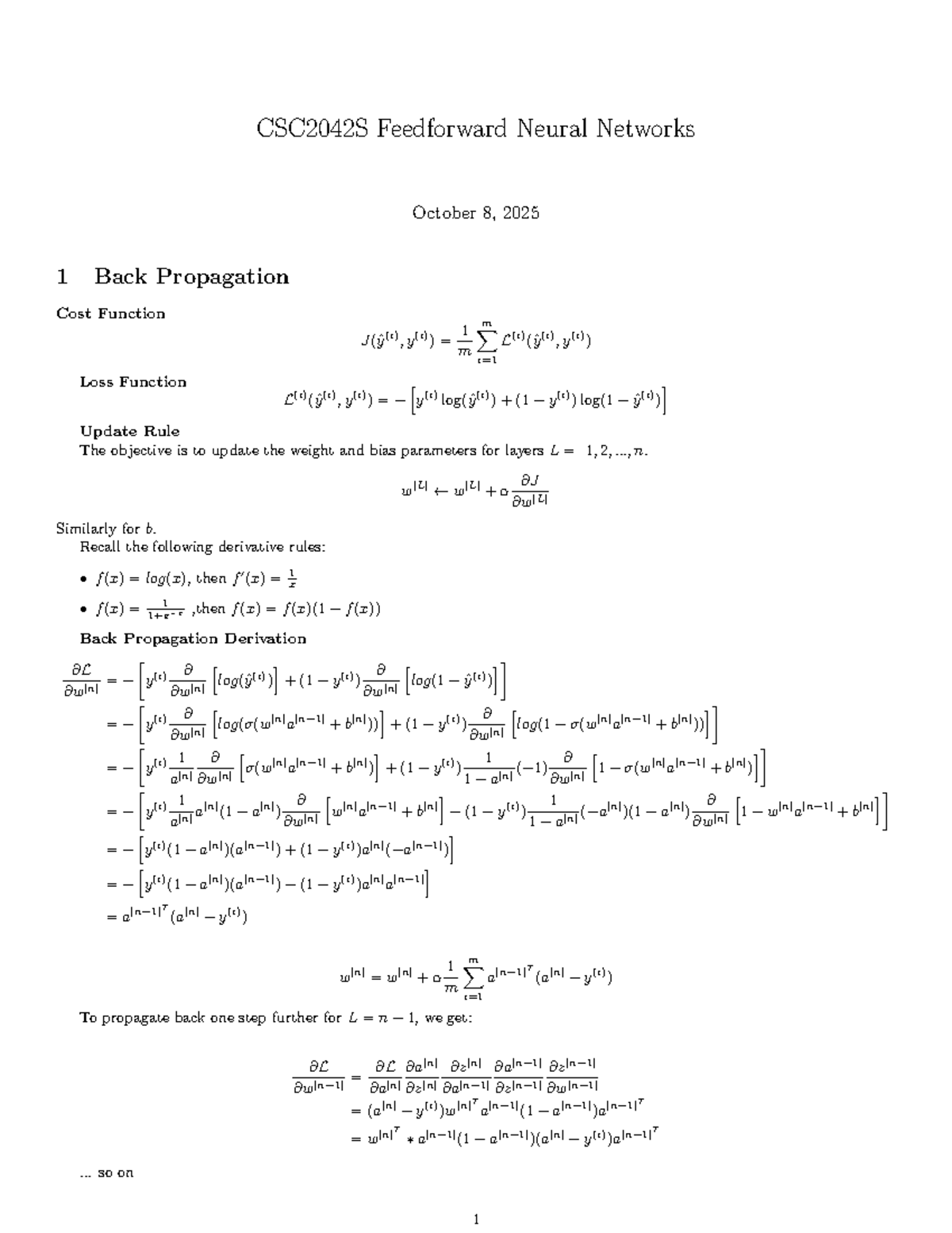 CSC2042S Feedforward Neural Networks: Back Propagation Notes - Studocu