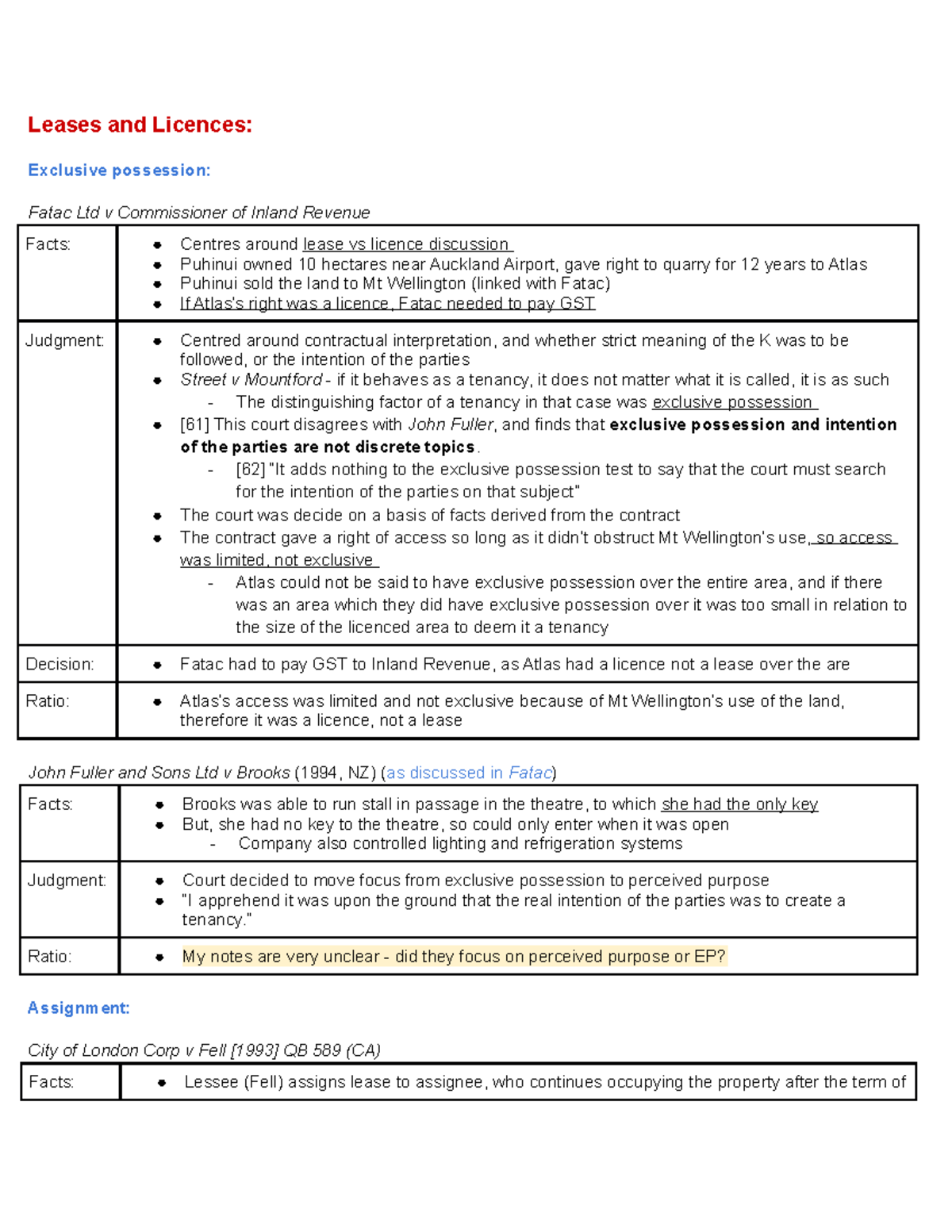 LAWS301 Property Cheat Sheet: Key Case Law on Leases & Licences - Studocu