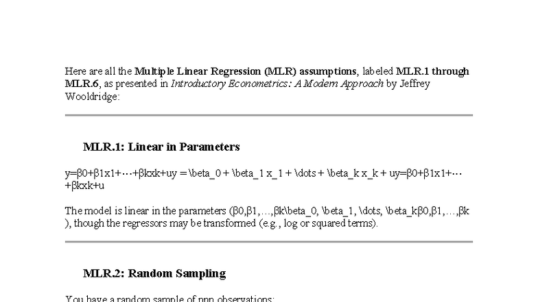 Multiple Linear Regression (MLR) Assumptions Overview: MLR.1 to MLR.6 ...