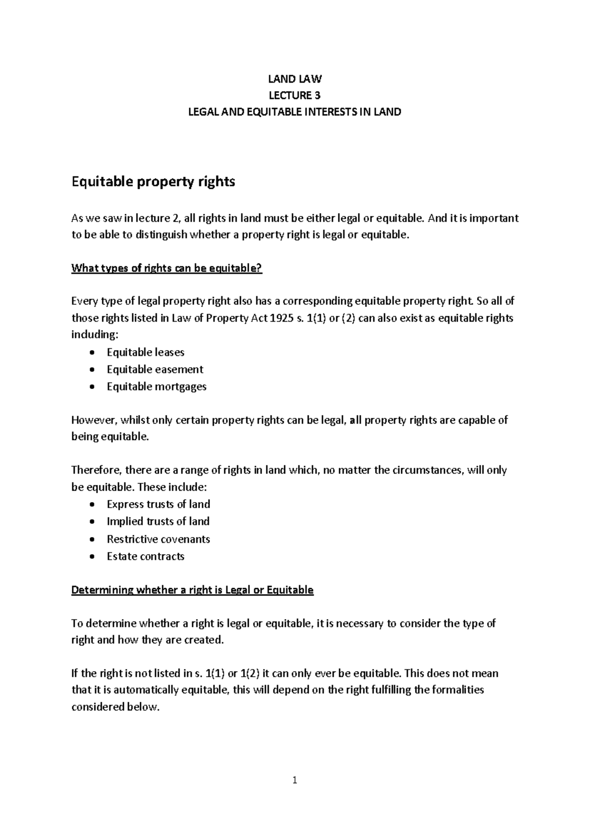LAW 101: Legal and Equitable Interests in Land - Lecture 3 Notes - LAND ...