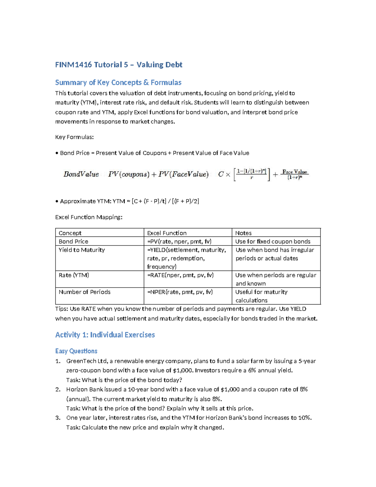 FINM3412 Tutorial 05 Debt Valuation: Key Concepts & Formulas - Studocu
