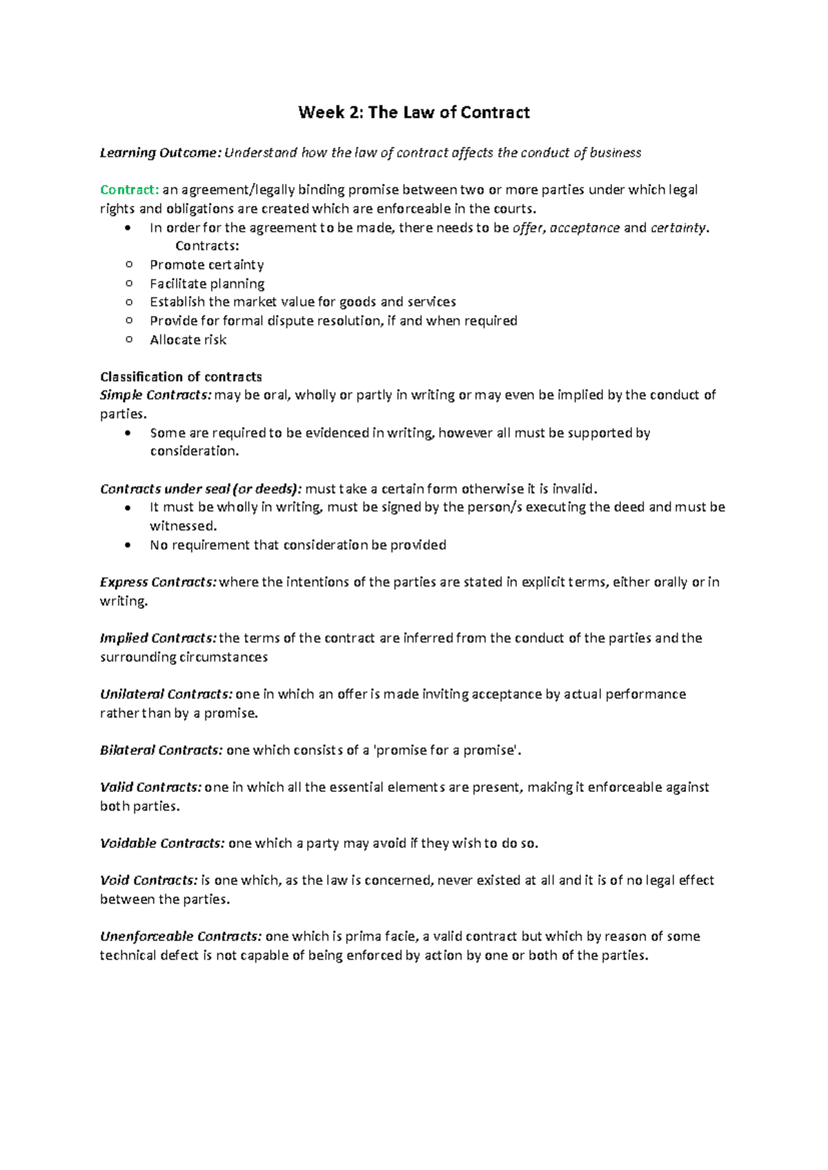 Week 2 - business law - Summary of law - Week 2: The Law of Contract ...