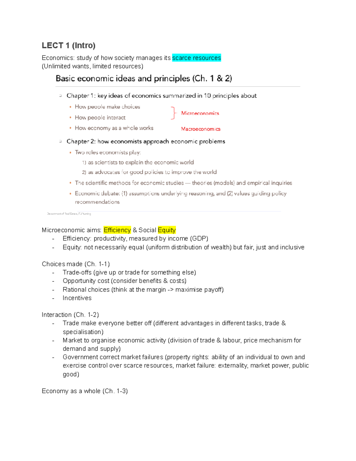 1704 Notes - LECT 1 (Intro) Economics: study of how society manages its ...