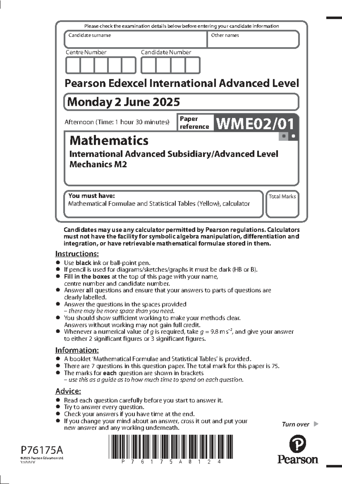 Mathematics IAL Mechanics M2 Exam Paper - June 2025 - Studocu