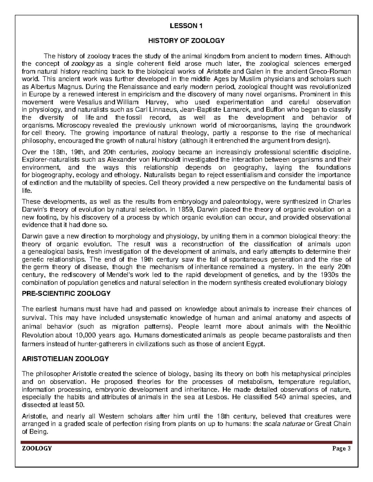 LESSON 1: HISTORY OF ZOOLOGY AND ITS EVOLUTION - Studocu