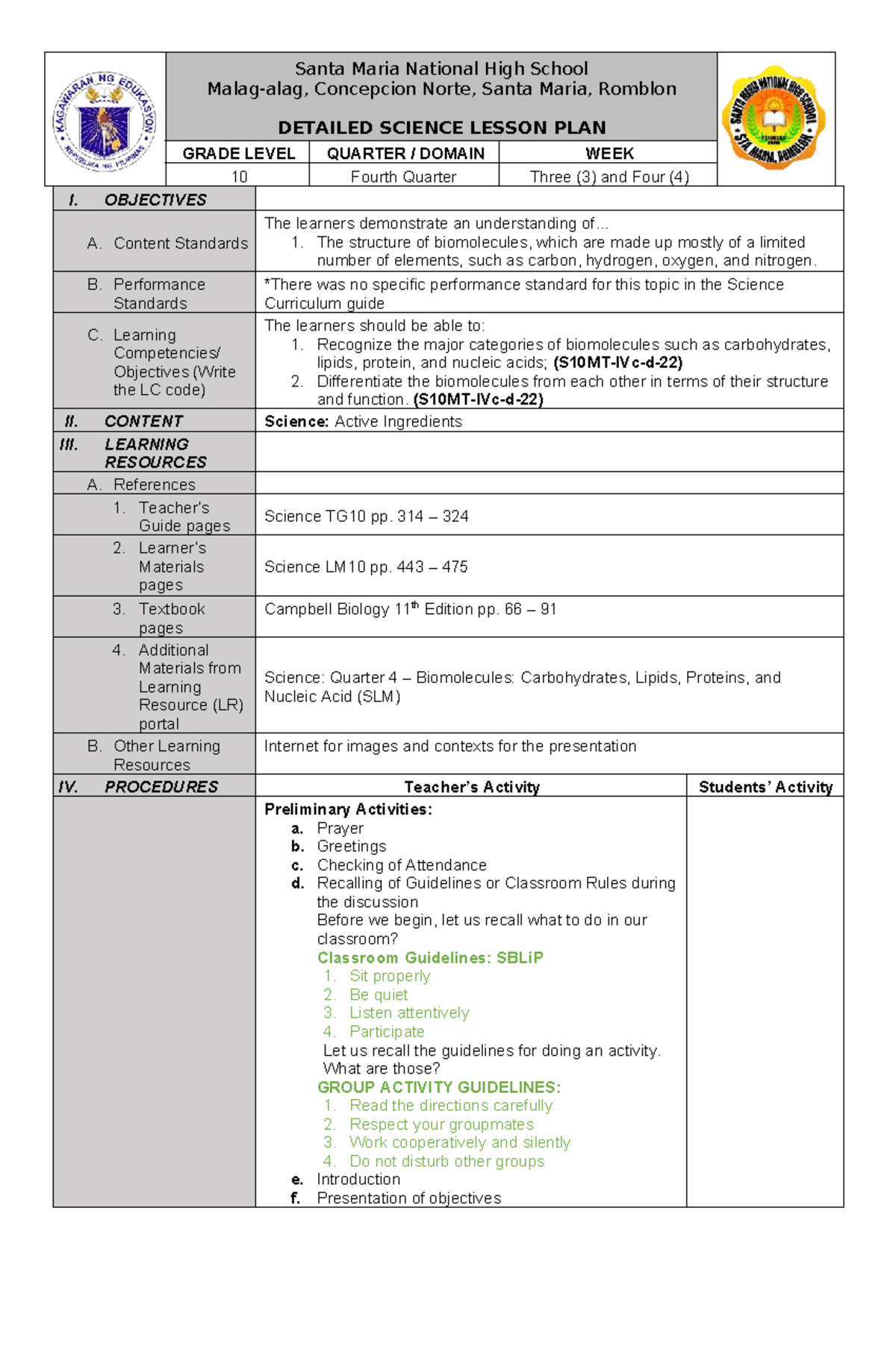 Detailed Science Lesson Plan on Biomolecules (Grade 10, Q4) - Studocu