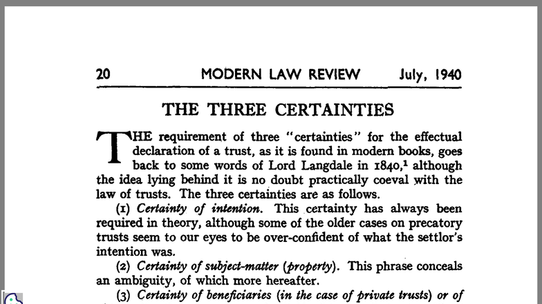 Modern Law Review: The Three Certainties in Trusts - Studocu