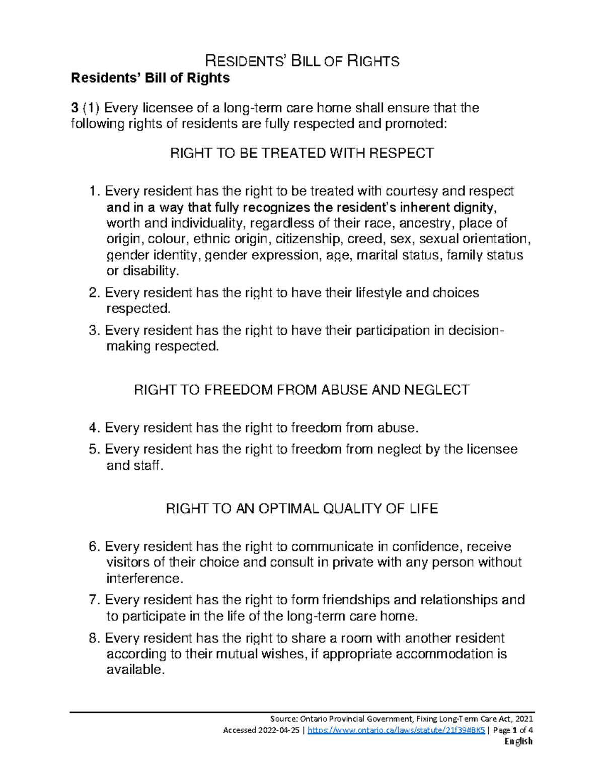 BILL OF RIGHTS: Residents' Rights in Care Homes (20220411 RBR) - Studocu