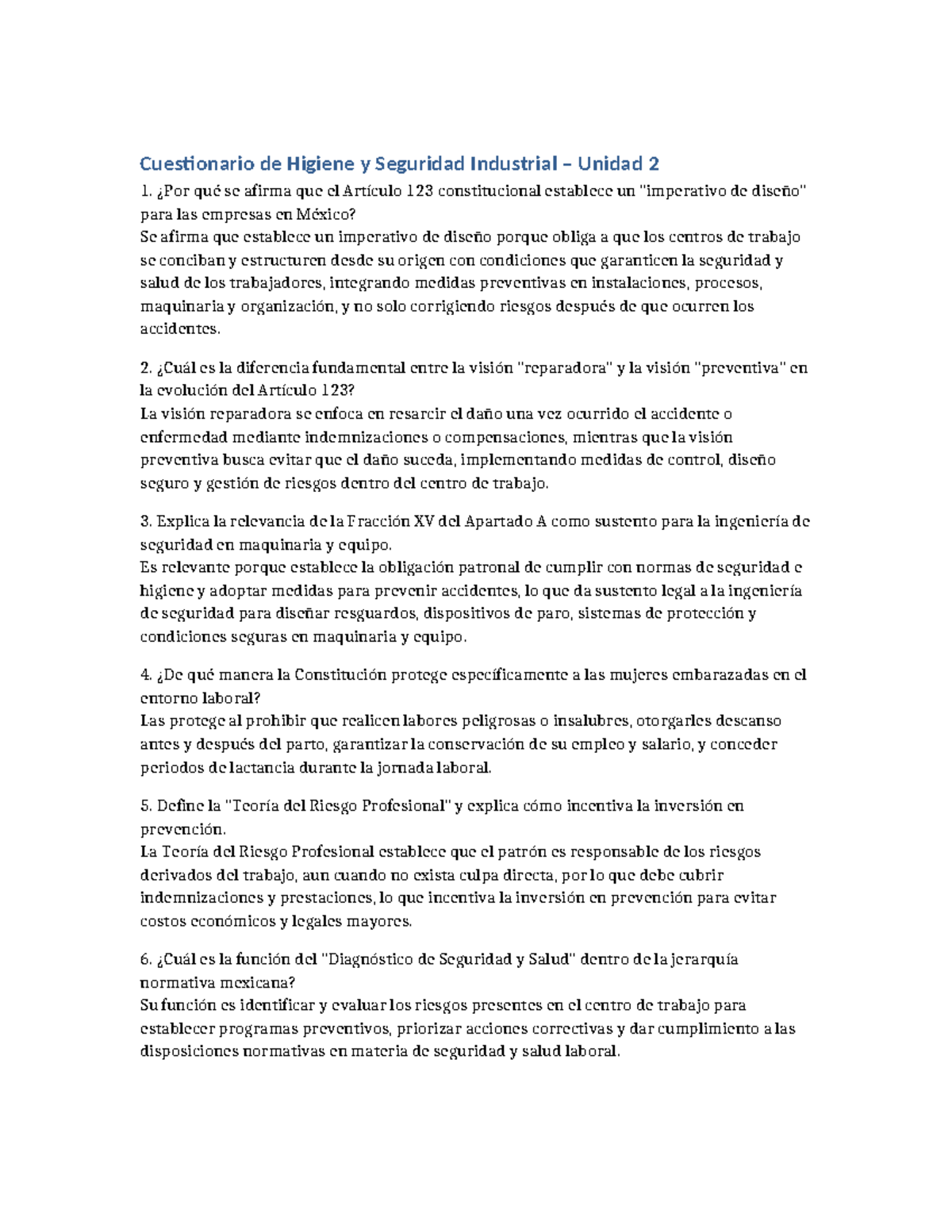 Cuestionario de Higiene y Seguridad Industrial - Unidad 2 - Studocu