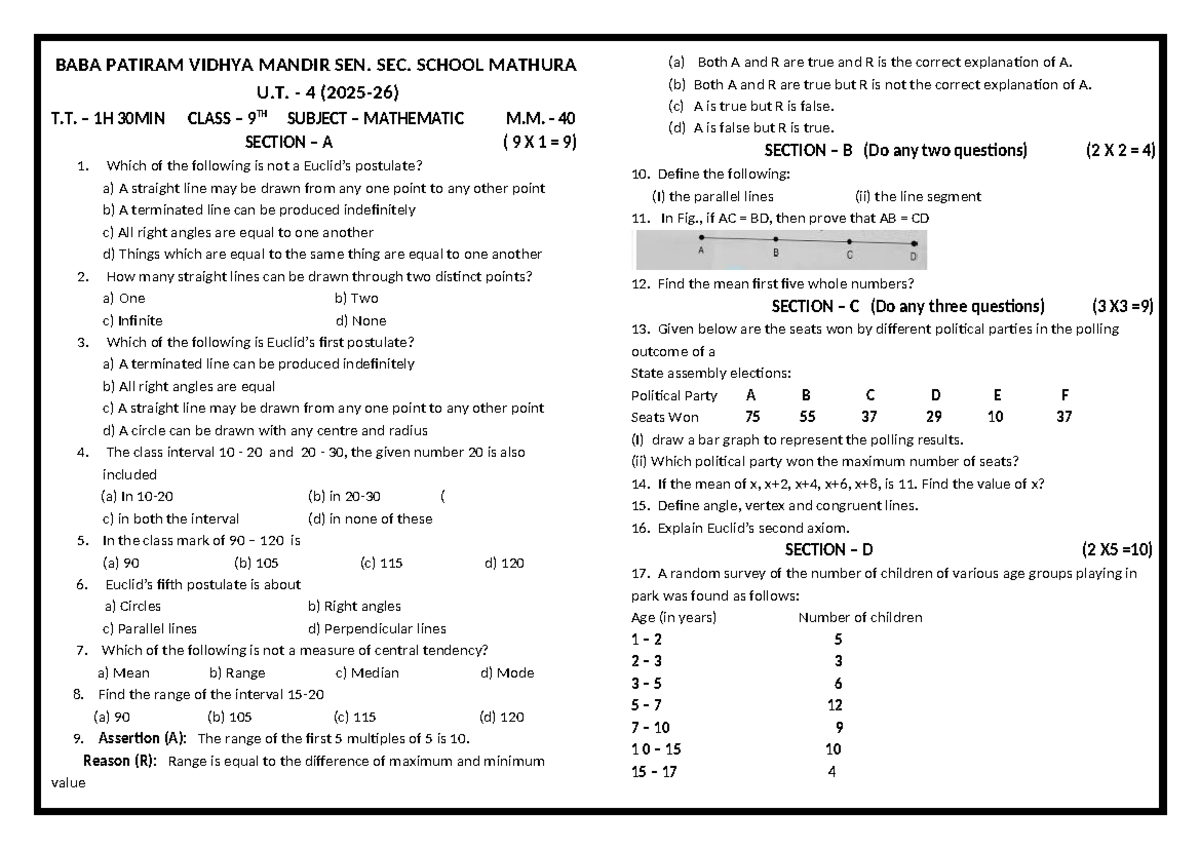 Class 9TH Maths - Section A to E Exam Questions and Case Study - Studocu