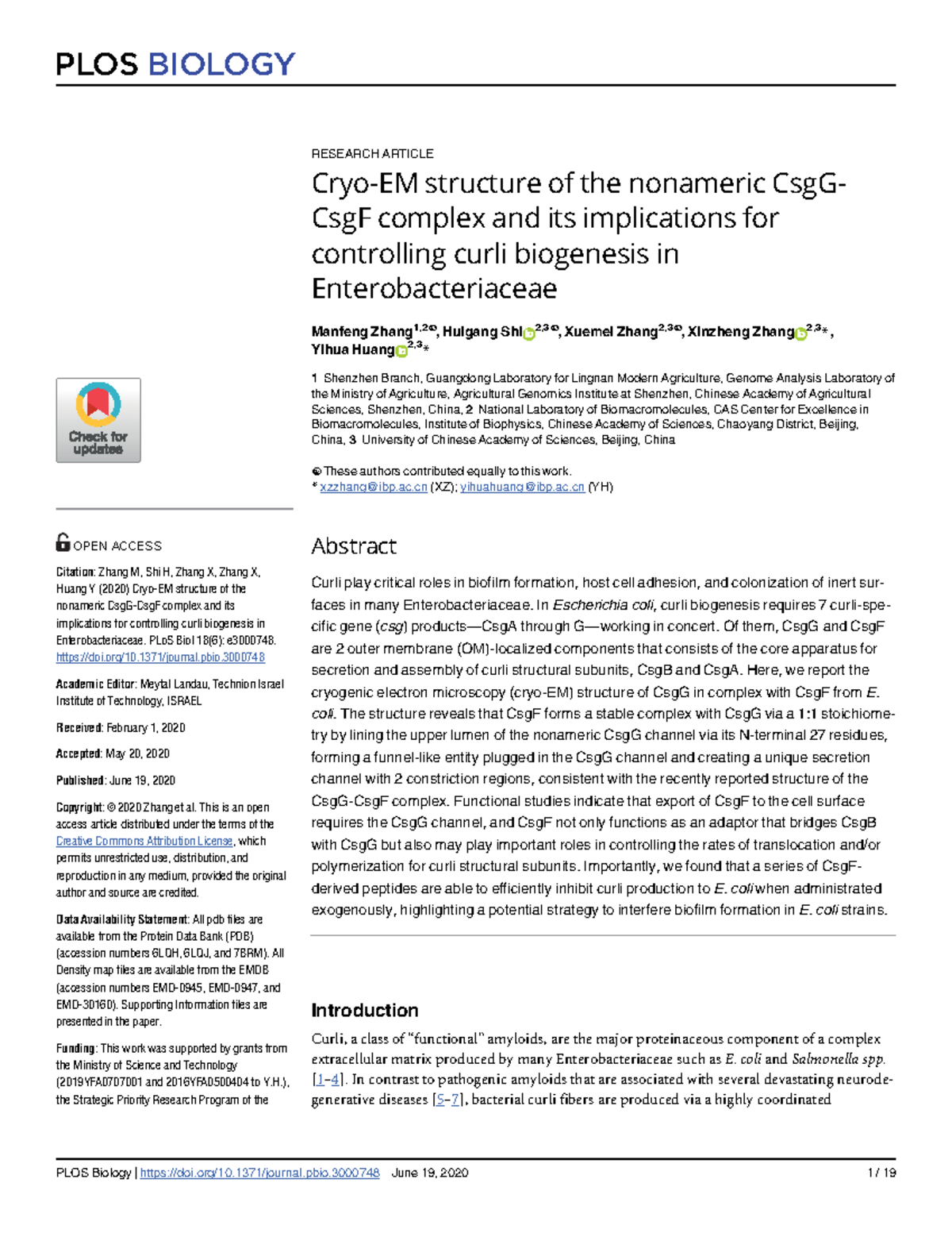 Cryo-EM Structure of Nonameric CsgG-CsgF Complex: Implications for Csg ...